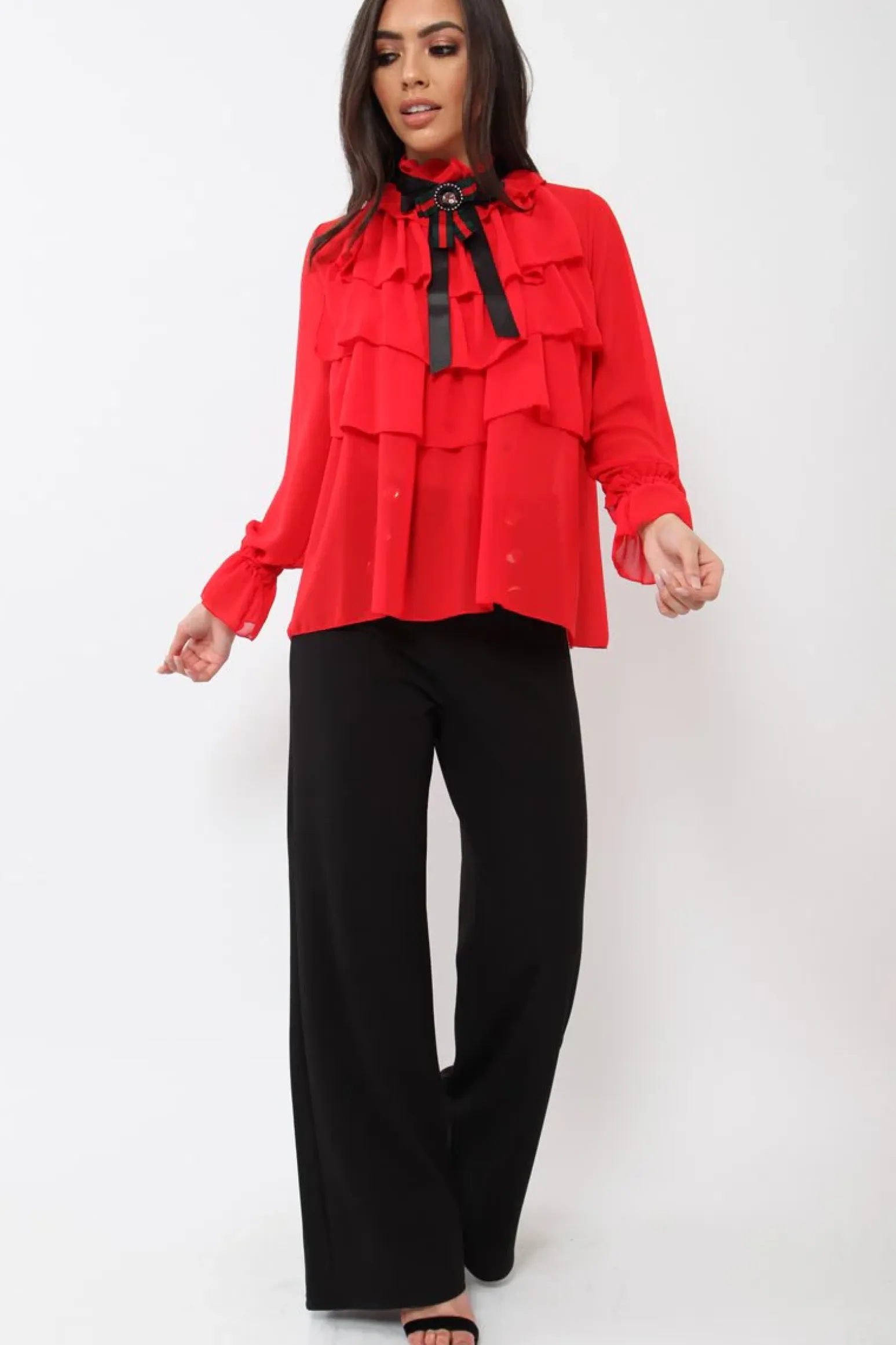 Rebellious Fashion Red Sheer Ruffle Blouse with Striped Neck Tie - Viktoria