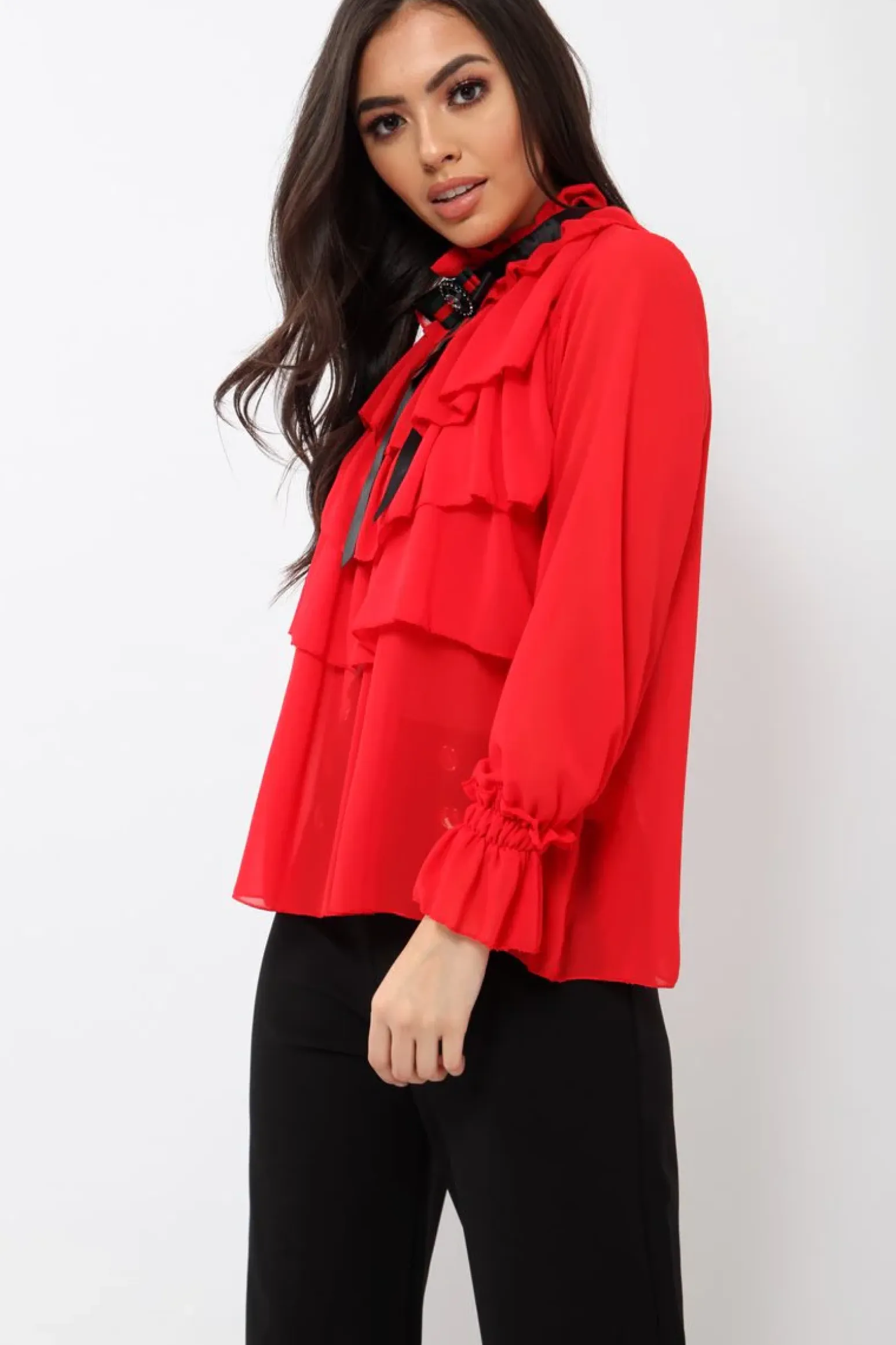 Rebellious Fashion Red Sheer Ruffle Blouse with Striped Neck Tie - Viktoria