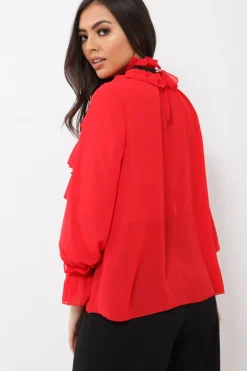 Rebellious Fashion Red Sheer Ruffle Blouse with Striped Neck Tie - Viktoria