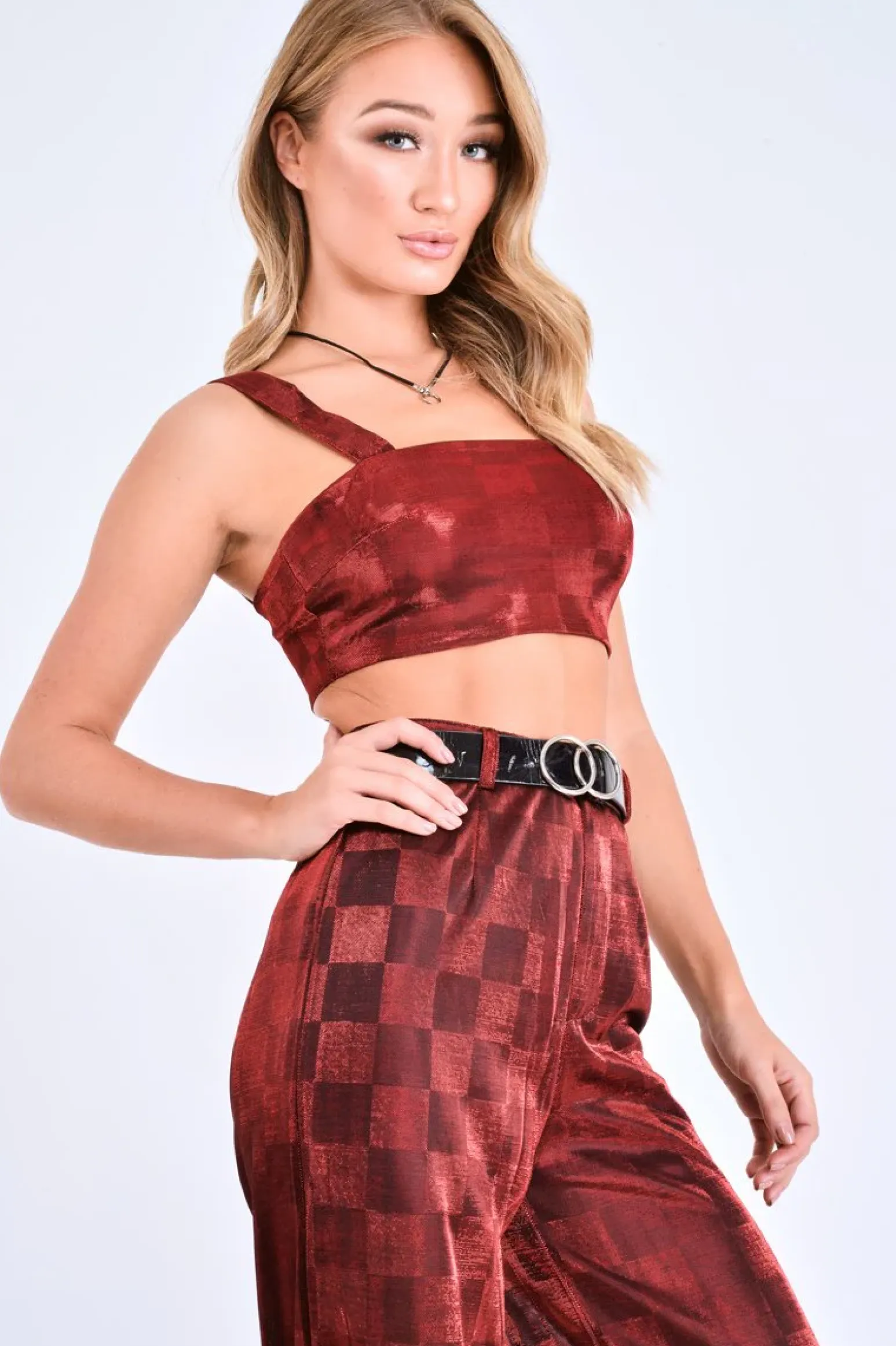 Rebellious Fashion Red Shimmer Checkerboard Bralet - Ellani