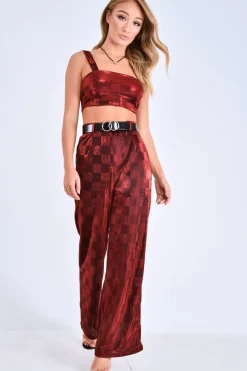 Rebellious Fashion Red Shimmer Checkerboard Wide Leg Trousers - Beatriz