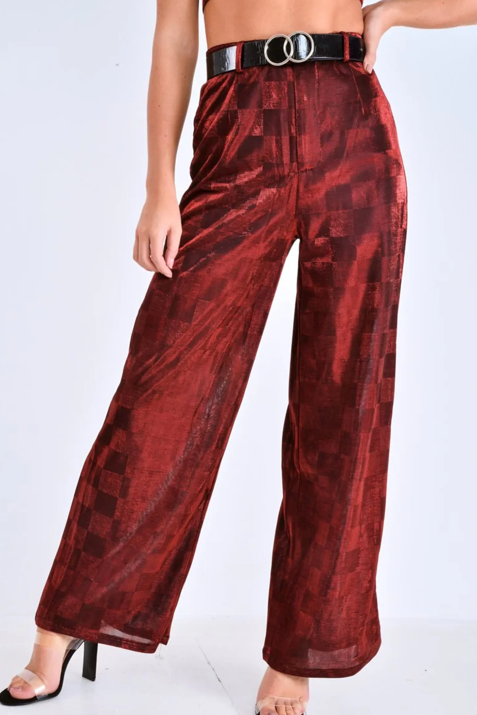 Rebellious Fashion Red Shimmer Checkerboard Wide Leg Trousers - Beatriz