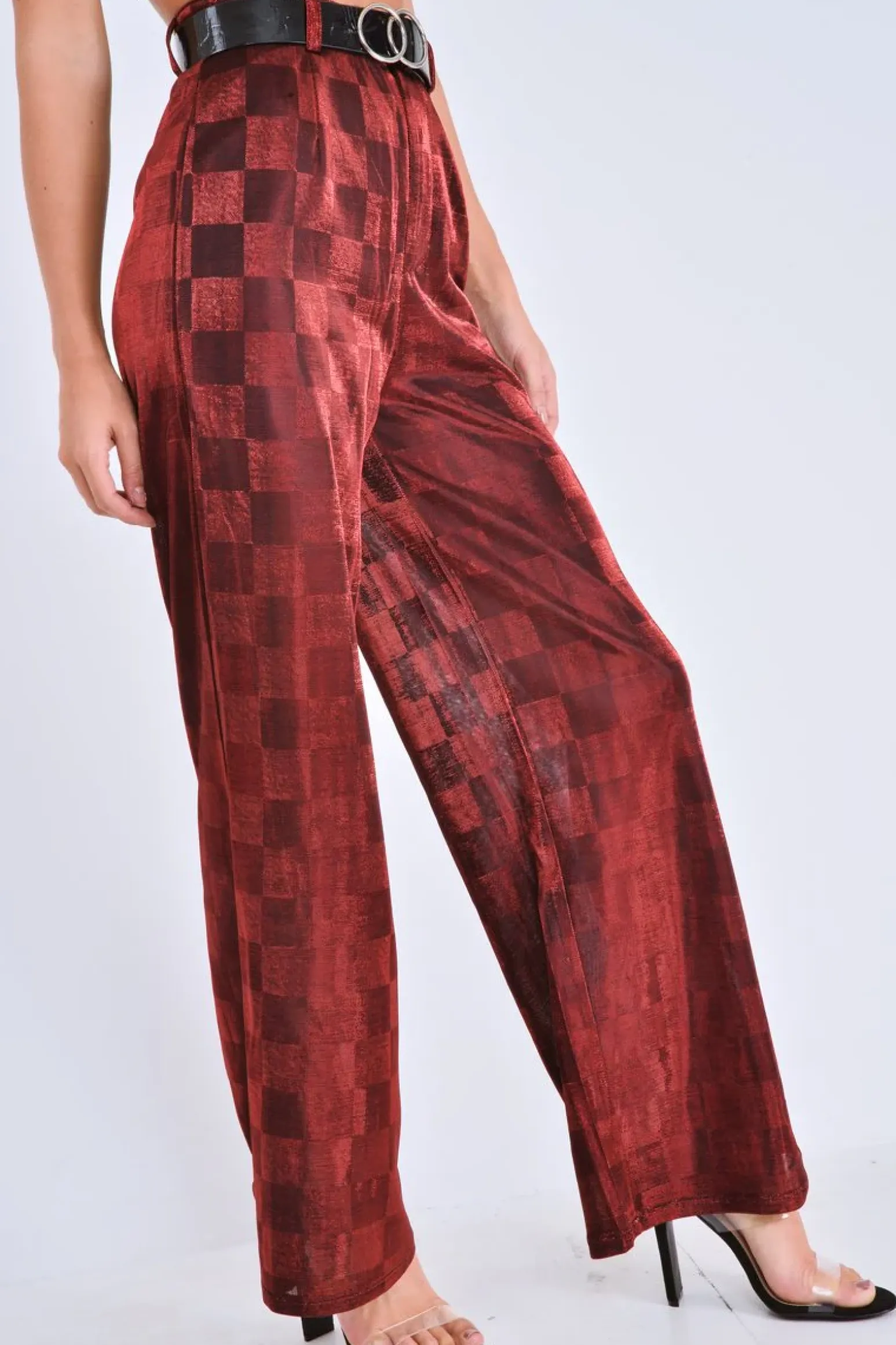 Rebellious Fashion Red Shimmer Checkerboard Wide Leg Trousers - Beatriz