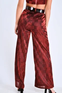 Rebellious Fashion Red Shimmer Checkerboard Wide Leg Trousers - Beatriz