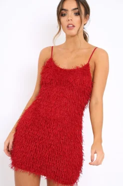 Rebellious Fashion Red Shimmery Shaggy Dress - Sophie