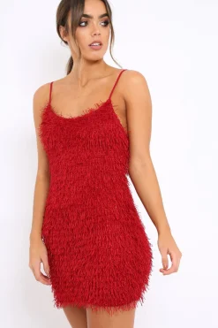 Rebellious Fashion Red Shimmery Shaggy Dress - Sophie