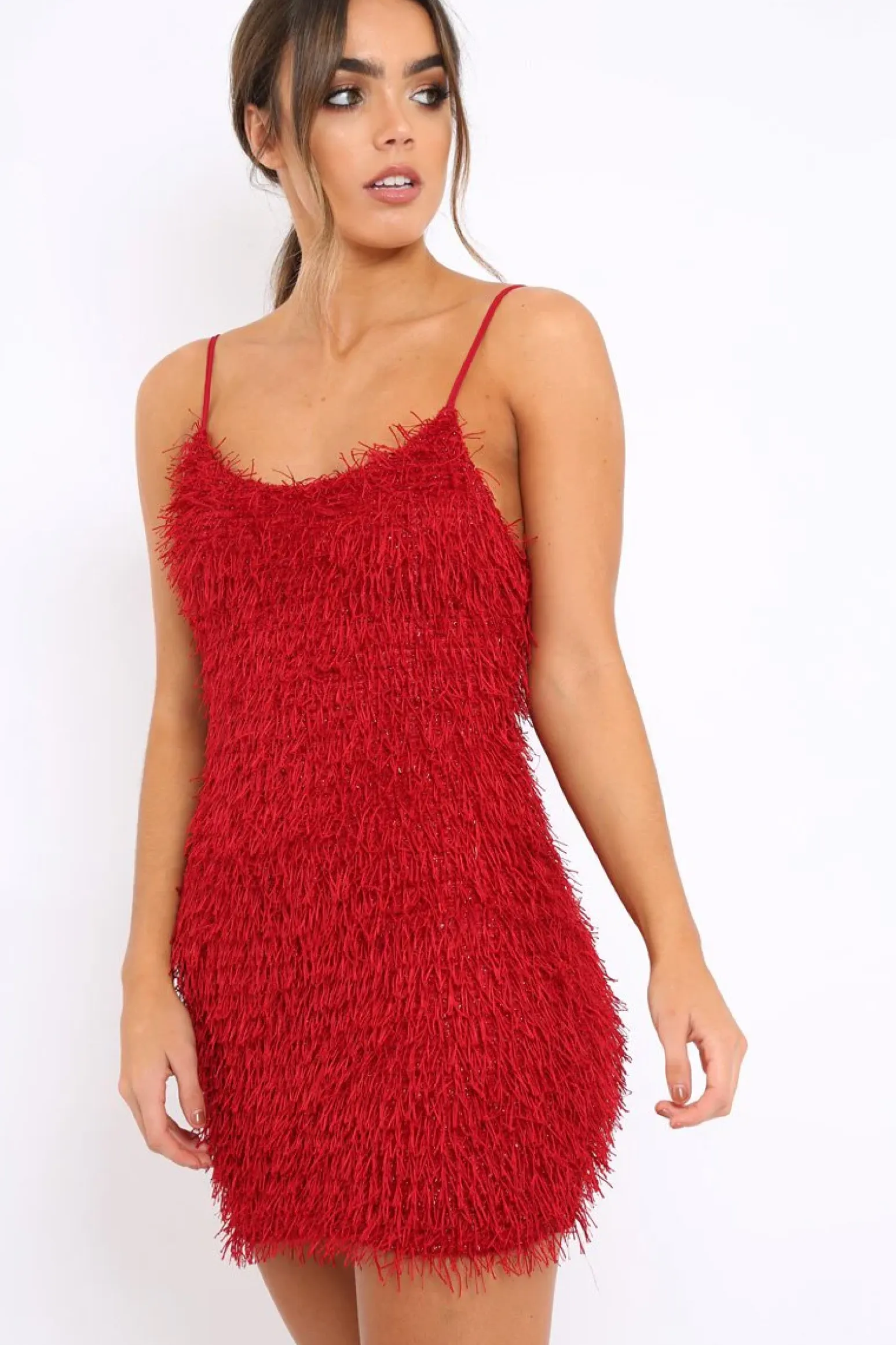 Rebellious Fashion Red Shimmery Shaggy Dress - Sophie