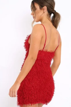 Rebellious Fashion Red Shimmery Shaggy Dress - Sophie