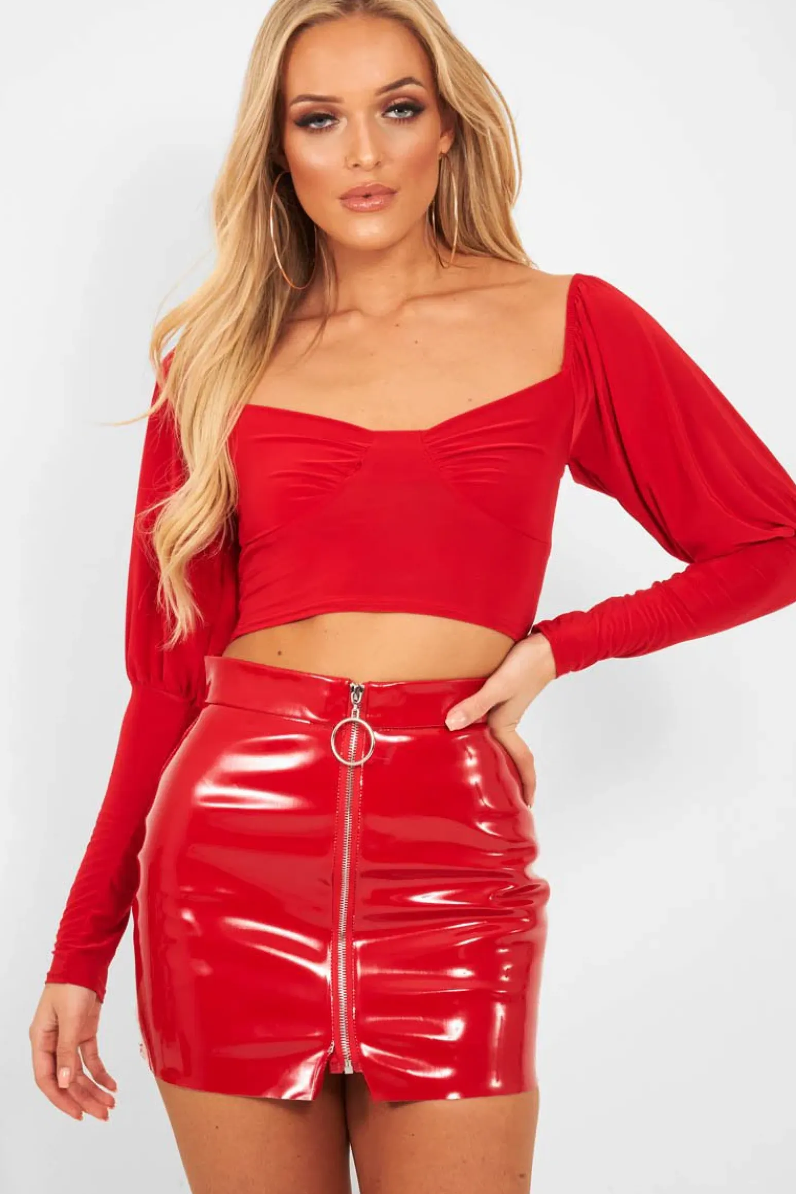 Rebellious Fashion Red Shiny Vinyl Mini Skirt - Aariah