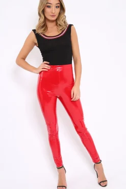 Rebellious Fashion Red Shiny Vinyl PU Leggings - Rio