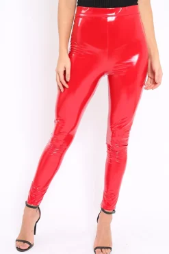 Rebellious Fashion Red Shiny Vinyl PU Leggings - Rio