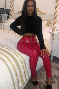 Rebellious Fashion Red Shiny Vinyl Zip Front Leggings - Bonnie