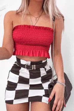 Rebellious Fashion Red Shirred Frill Bandeau Crop Top - Camren