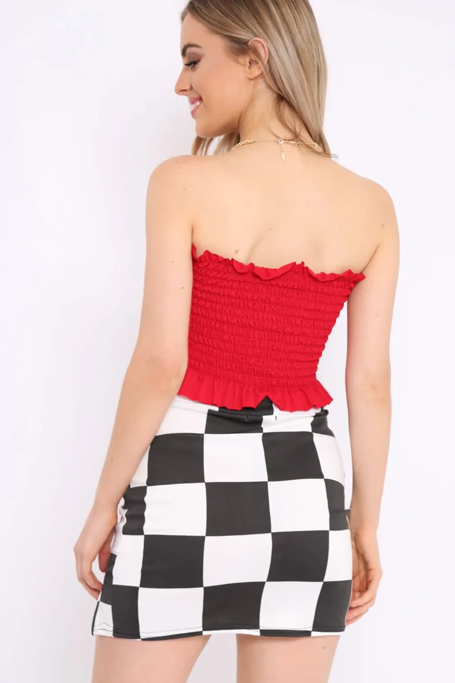 Rebellious Fashion Red Shirred Frill Bandeau Crop Top - Camren