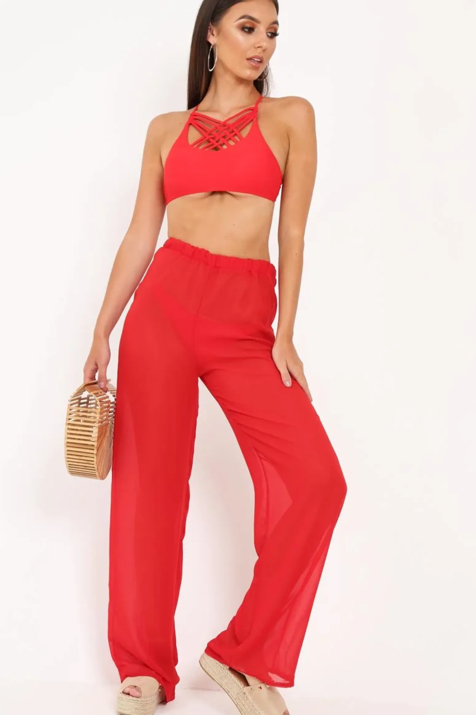 Rebellious Fashion Red Shirred Wide Leg Trousers - Kamori