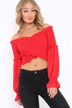 Rebellious Fashion Red Shirred Wrap Over Bardot Crop Top - Zuri