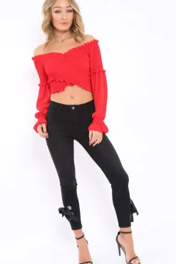 Rebellious Fashion Red Shirred Wrap Over Bardot Crop Top - Zuri