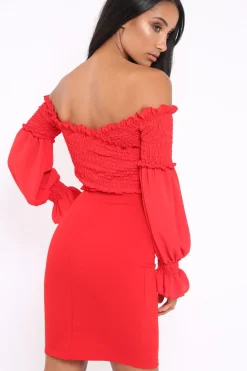 Rebellious Fashion Red Shirred Wrap Over Bardot Mini Dress - Natasha