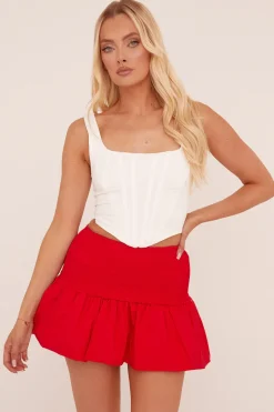 Rebellious Fashion Red Shirring Detail Puffball Mini Skirt - Gracen