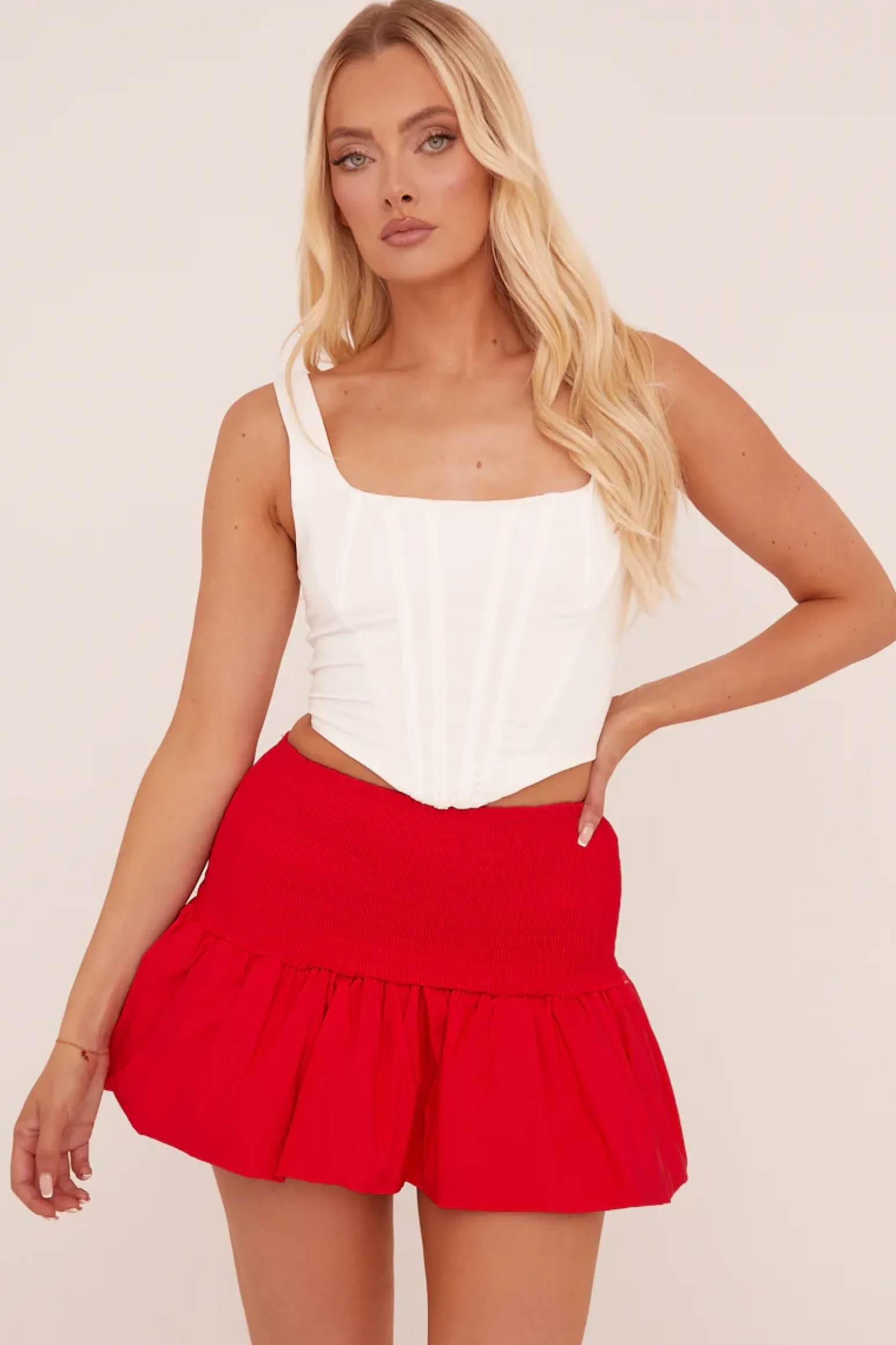 Rebellious Fashion Red Shirring Detail Puffball Mini Skirt - Gracen