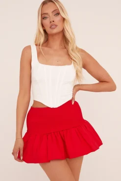 Rebellious Fashion Red Shirring Detail Puffball Mini Skirt - Gracen
