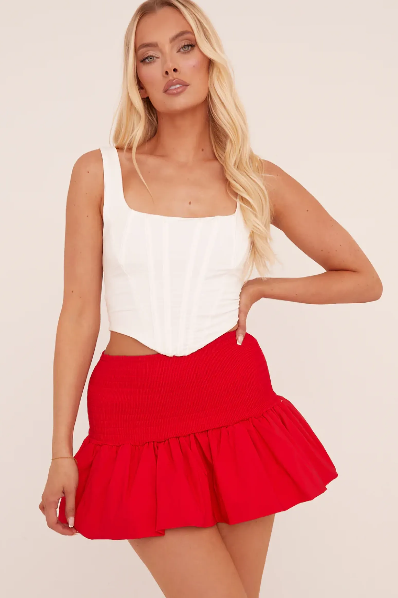 Rebellious Fashion Red Shirring Detail Puffball Mini Skirt - Gracen