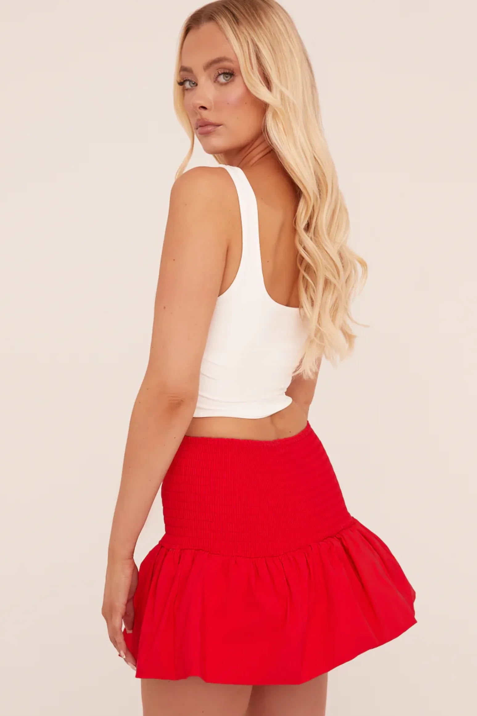 Rebellious Fashion Red Shirring Detail Puffball Mini Skirt - Gracen