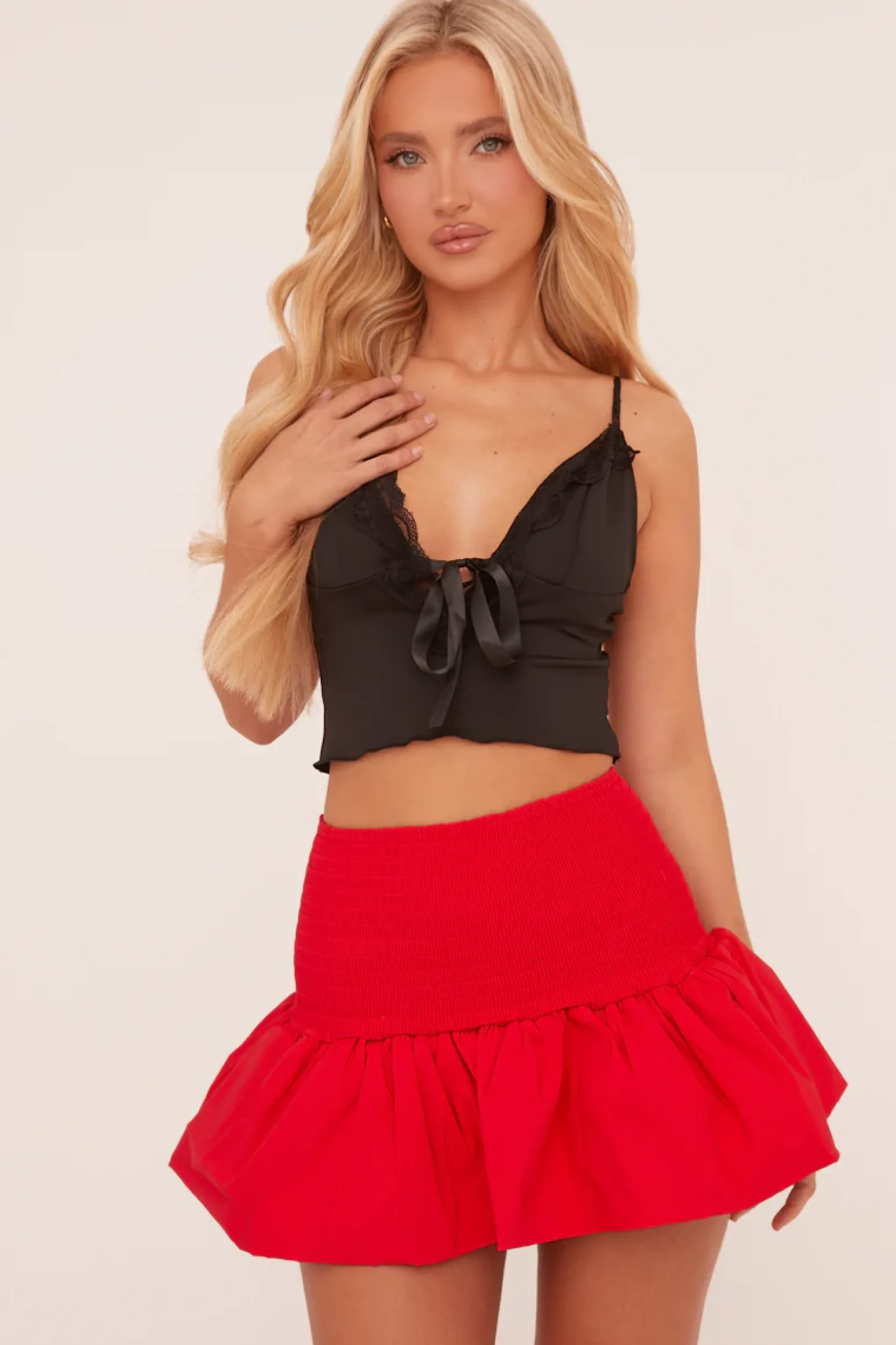 Rebellious Fashion Red Shirring Detail Puffball Mini Skirt - Gracen