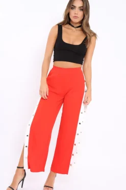 Rebellious Fashion Red Side Popper White Stripe Trousers - Nazneen