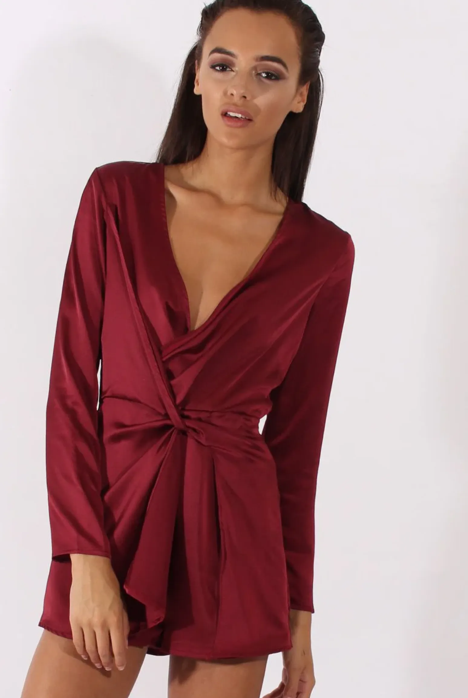 Rebellious Fashion Red Silky Front Twist Playsuit - Venus