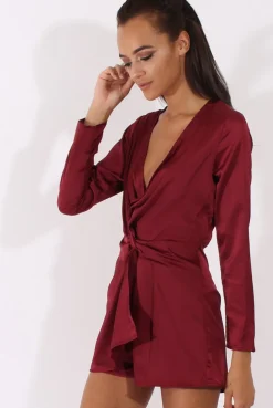 Rebellious Fashion Red Silky Front Twist Playsuit - Venus