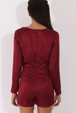 Rebellious Fashion Red Silky Front Twist Playsuit - Venus