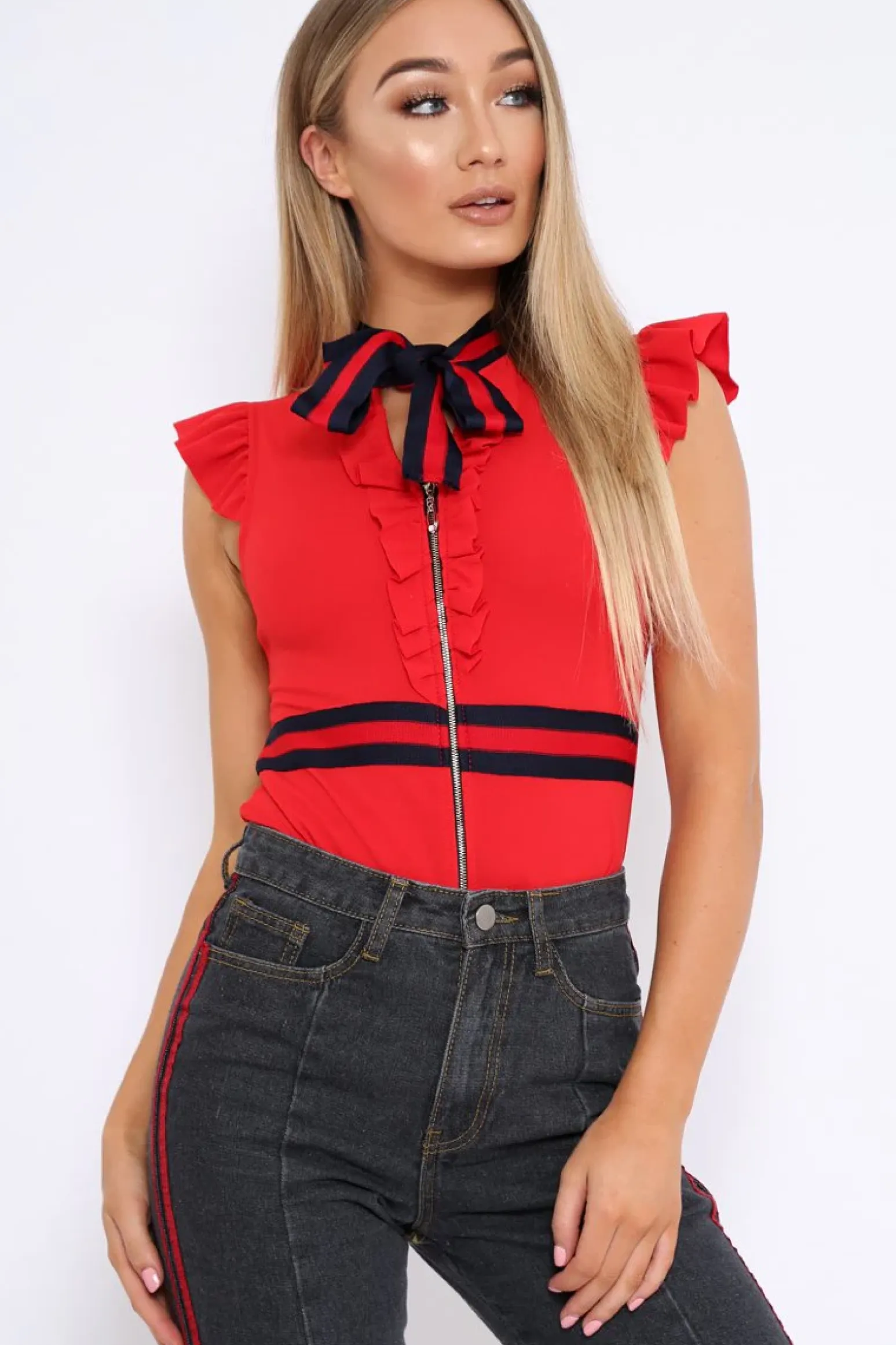 Rebellious Fashion Red Sleeveless Frill Stripe Bodysuit - Laili
