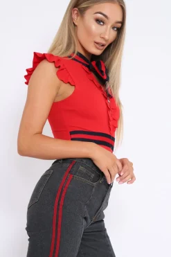 Rebellious Fashion Red Sleeveless Frill Stripe Bodysuit - Laili