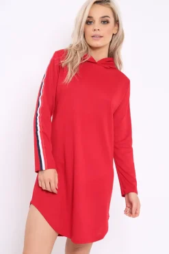 Rebellious Fashion Red Sleeve Sports Trim Curve Hem Jumper Dress - Dixie