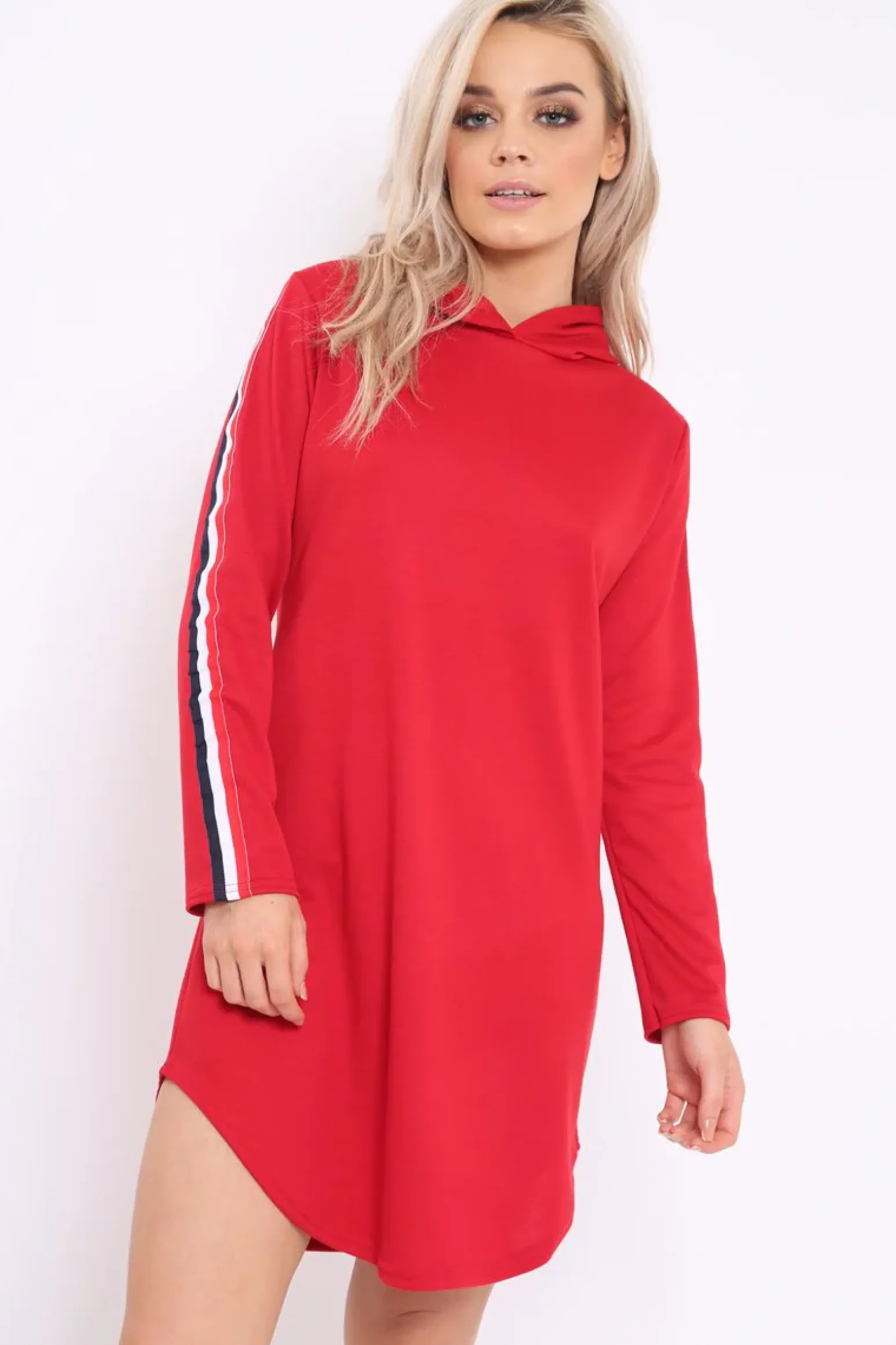 Rebellious Fashion Red Sleeve Sports Trim Curve Hem Jumper Dress - Dixie