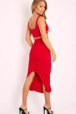 Rebellious Fashion Red Slinky Bralet and Ruched Midi Skirt Co-ord - Valentia