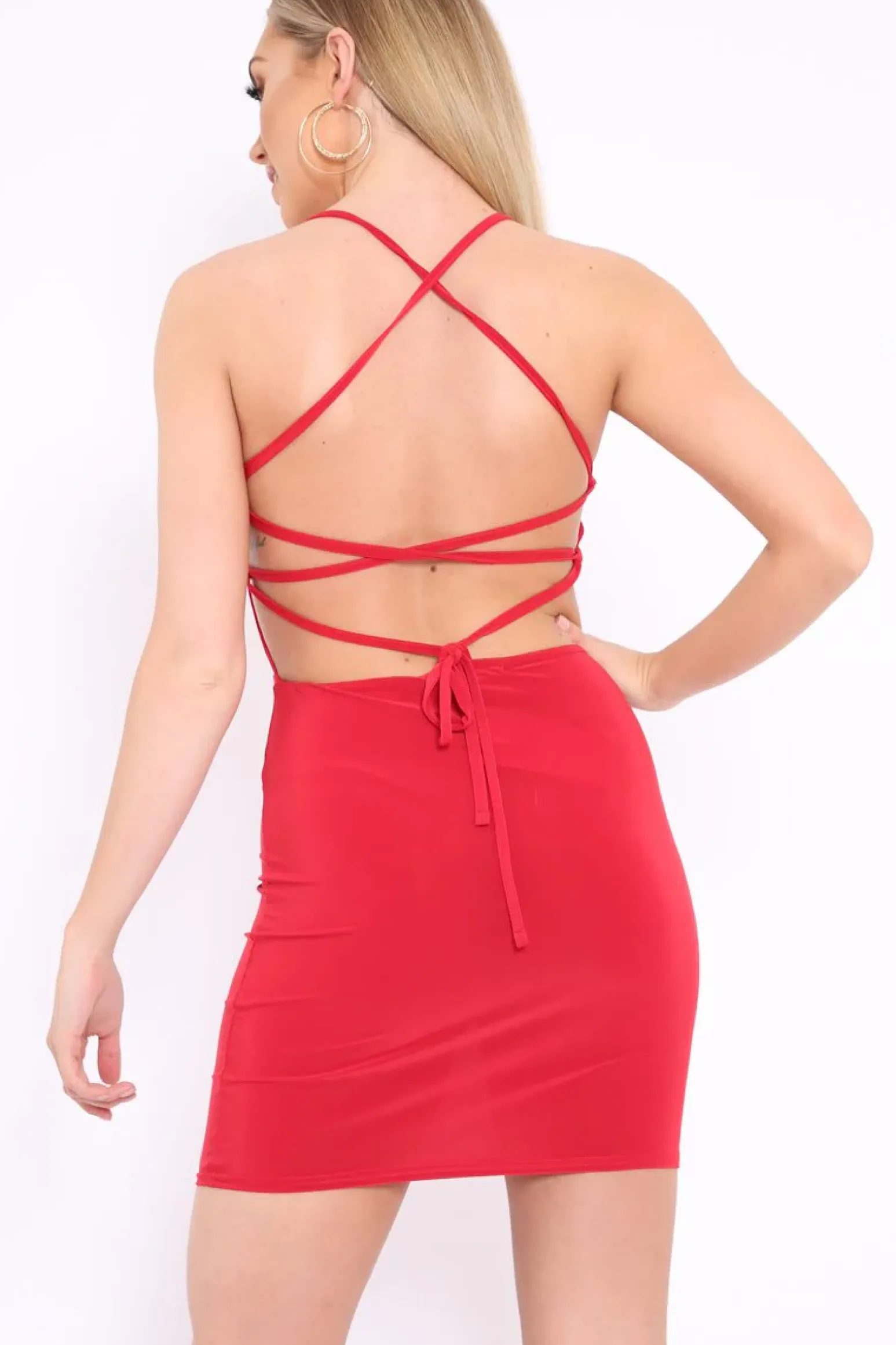 Rebellious Fashion Red Slinky Lace Up Back Bodycon Dress - Jalina
