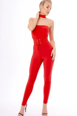 Rebellious Fashion Red Slinky Lace Up Corset Choker Jumpsuit - Daisey