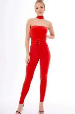 Rebellious Fashion Red Slinky Lace Up Corset Choker Jumpsuit - Daisey