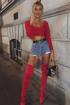 Rebellious Fashion Red Slinky Off Shoulder Crop Top - Danni