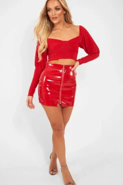 Rebellious Fashion Red Slinky Off Shoulder Crop Top - Danni