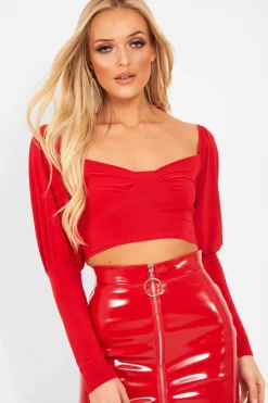 Rebellious Fashion Red Slinky Off Shoulder Crop Top - Danni