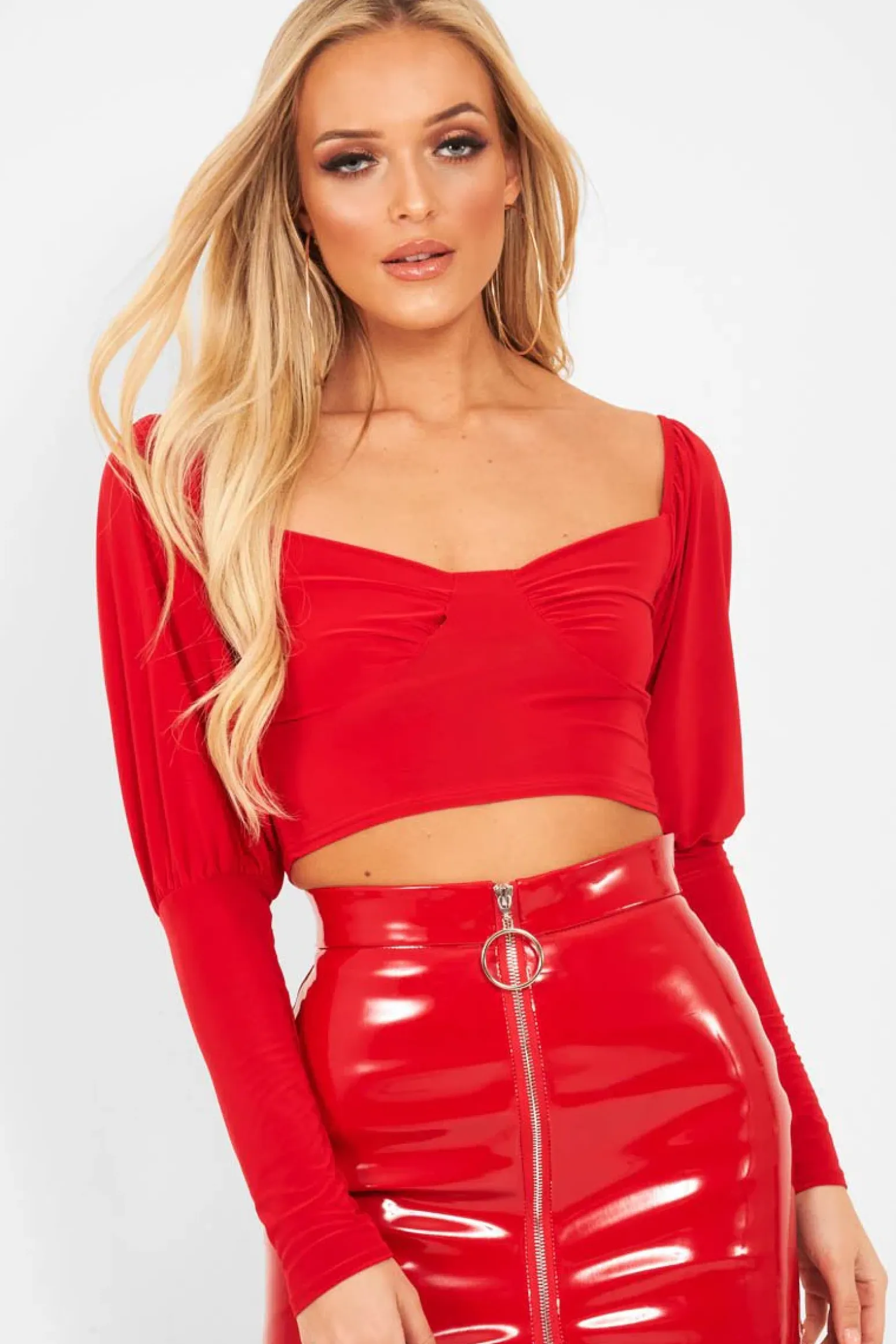 Rebellious Fashion Red Slinky Off Shoulder Crop Top - Danni