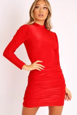 Rebellious Fashion Red Slinky Puff Sleeve Ruched Dress - Boston