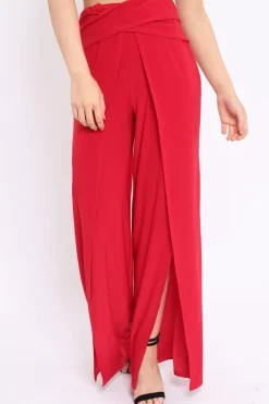 Rebellious Fashion Red Slinky Split Front Trousers - Karly