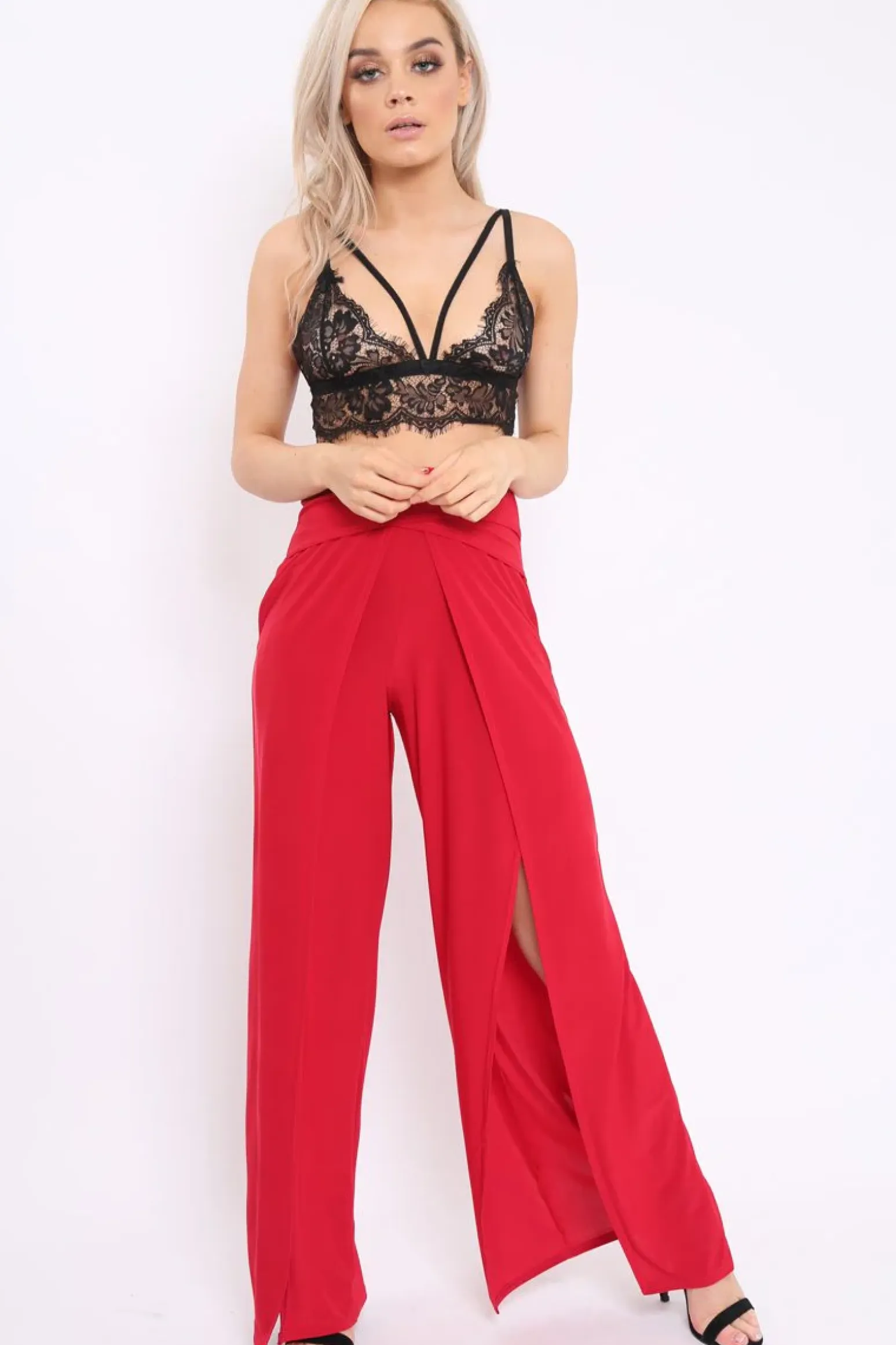 Rebellious Fashion Red Slinky Split Front Trousers - Karly