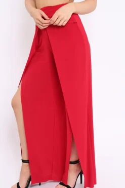 Rebellious Fashion Red Slinky Split Front Trousers - Karly