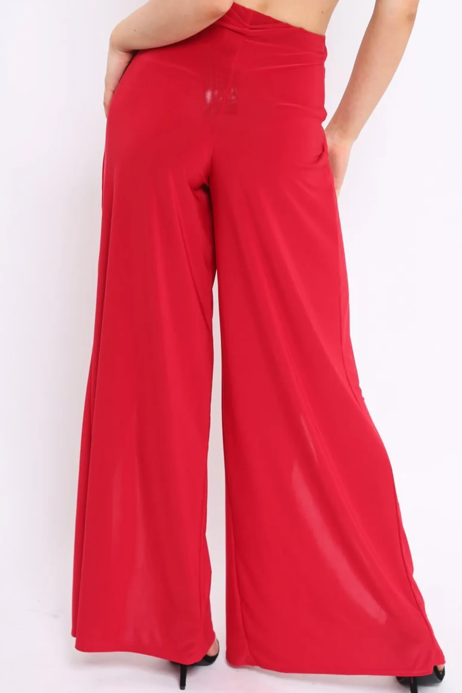Rebellious Fashion Red Slinky Split Front Trousers - Karly