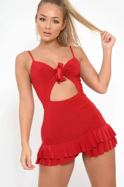 Rebellious Fashion Red Slinky Tie Front Ruffle Dress - Keli